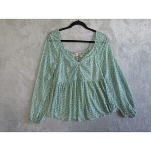 Willow Root Blue Floral Square Neck‎ Babydoll Blouse Top Size L